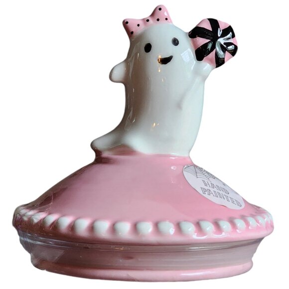 Pink Halloween Ghost Girl W/Candy & Bow Glass Candy jar/Treat Jar NWT Viral - Picture 2 of 10